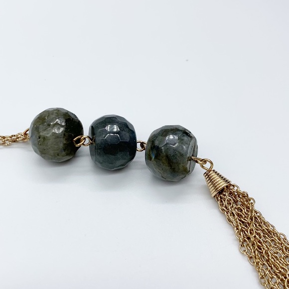 Hand Made Long Green Beaded Stone Tassel Necklace in Gold - Picture 7 of 9
